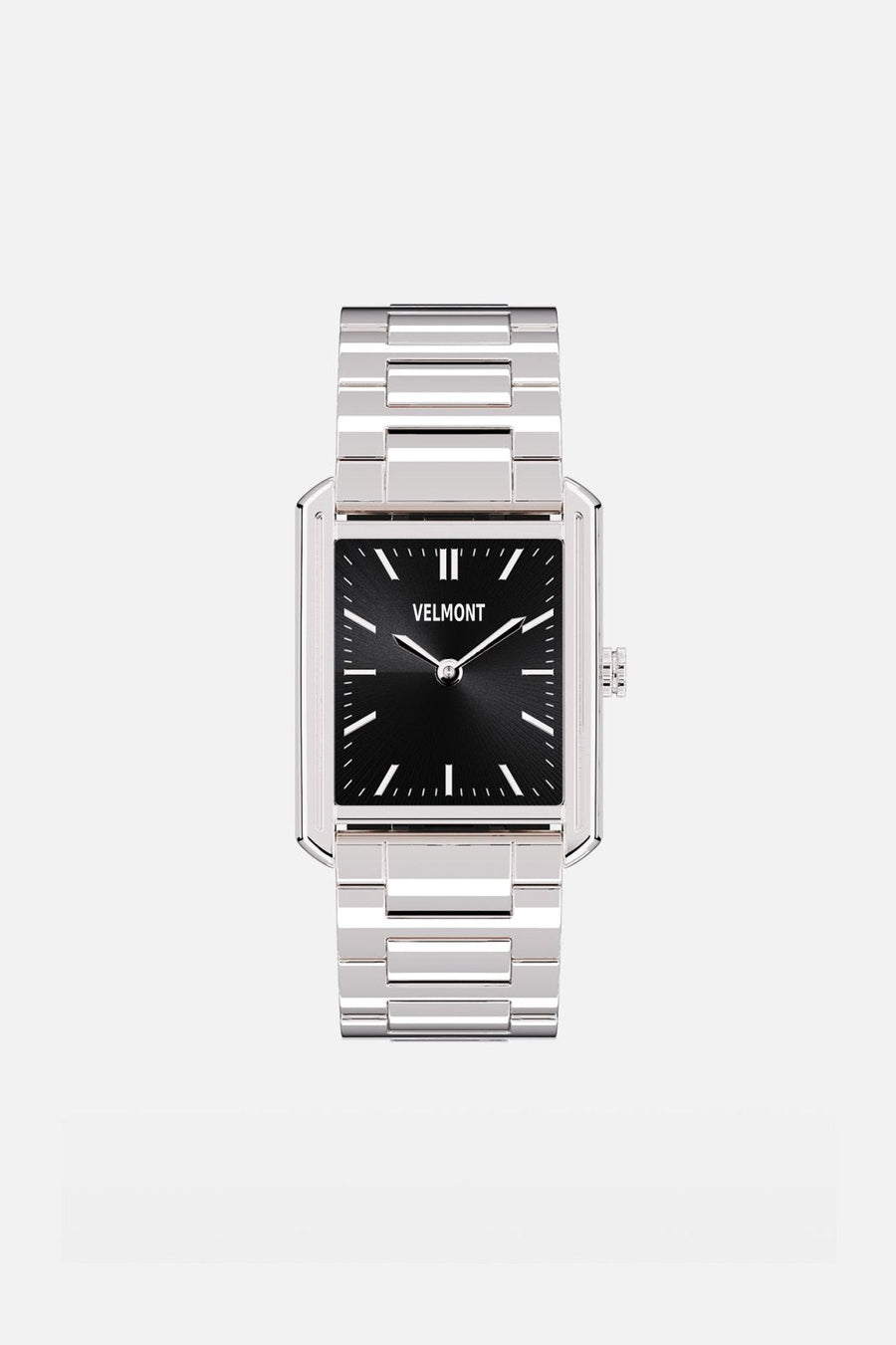 Front view of the rectangular watch with black dial on its link bracelet