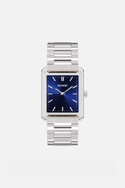 Front view of the rectangular watch with blue dial on its link bracelet