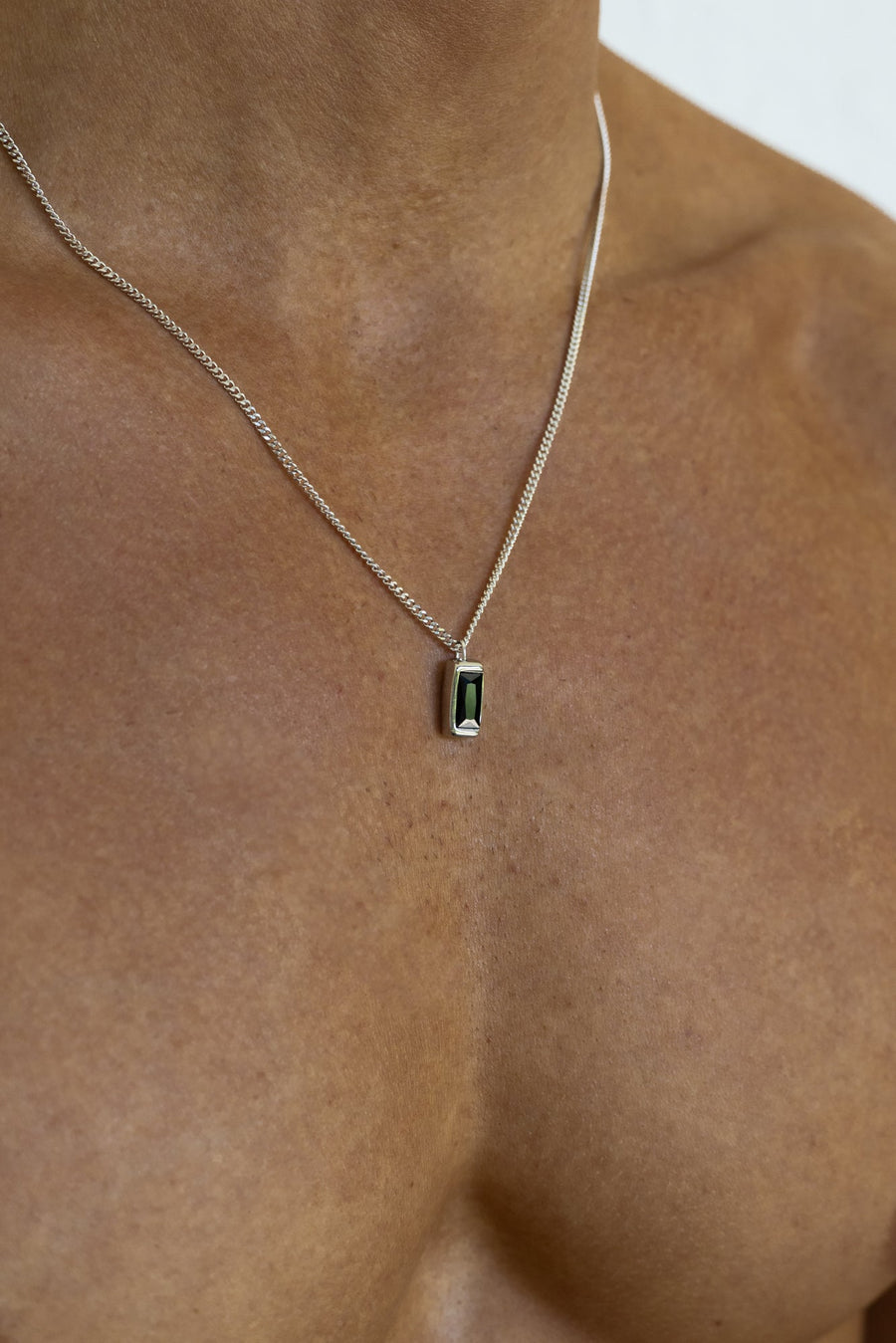 Silver-tone necklace with a rectangular green stone pendant, view 2 of 5