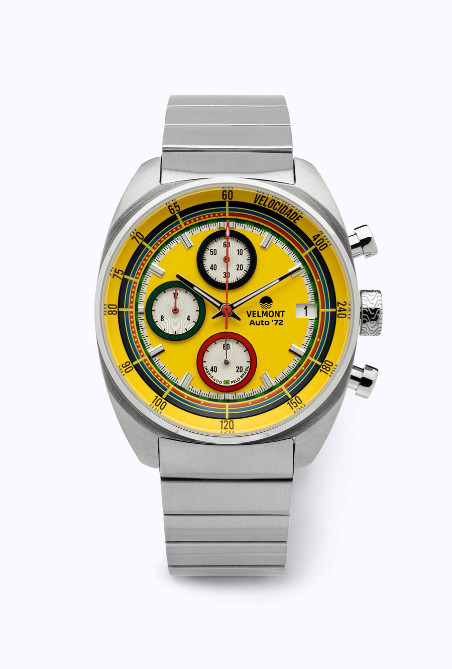 Yellow racing chronograph on a steel bracelet