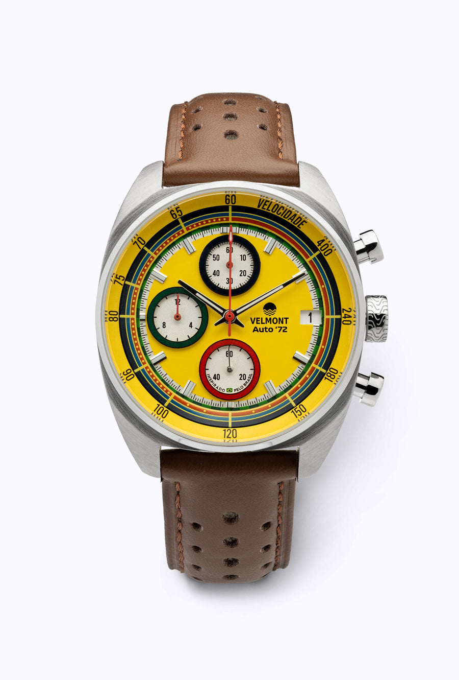 Yellow racing chronograph on a perforated brown strap
