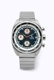 Blue racing chronograph on a steel bracelet