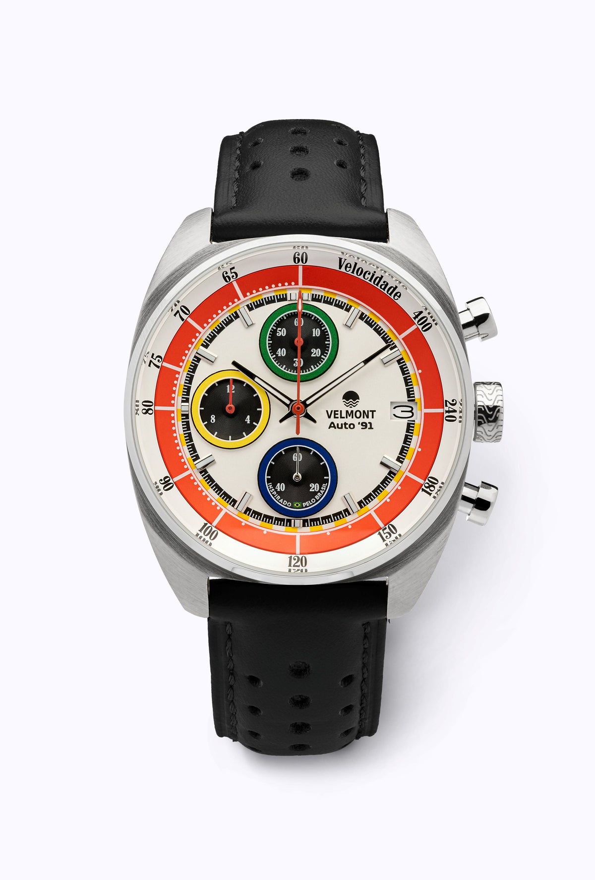 White chronograph on a black perforated strap