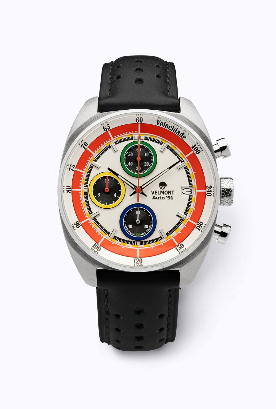 White chronograph on a black perforated strap