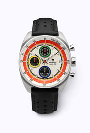 White and red chronograph on a perforated black strap