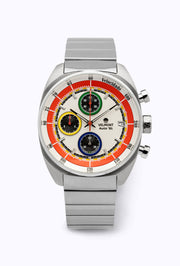 White and red racing chronograph on a steel bracelet