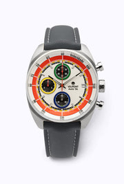 White chronograph on a gray strap