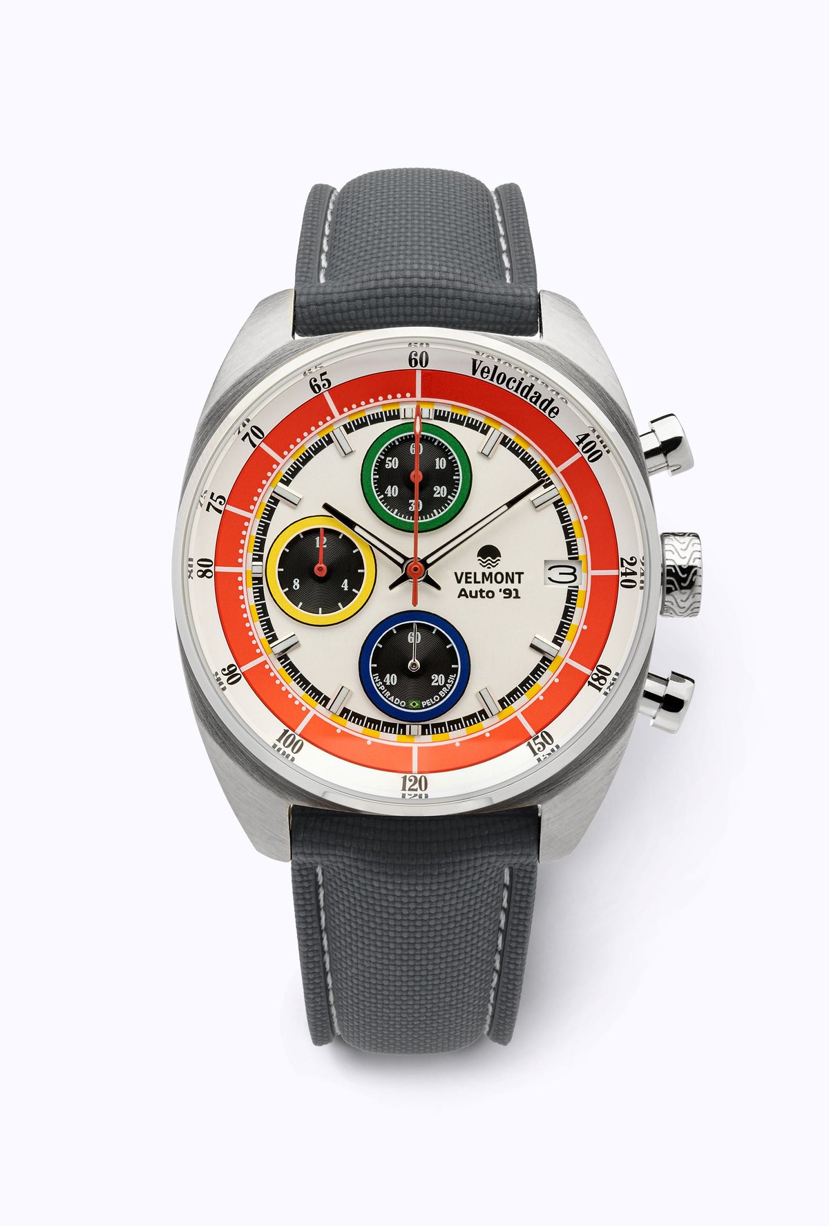White chronograph on a gray strap