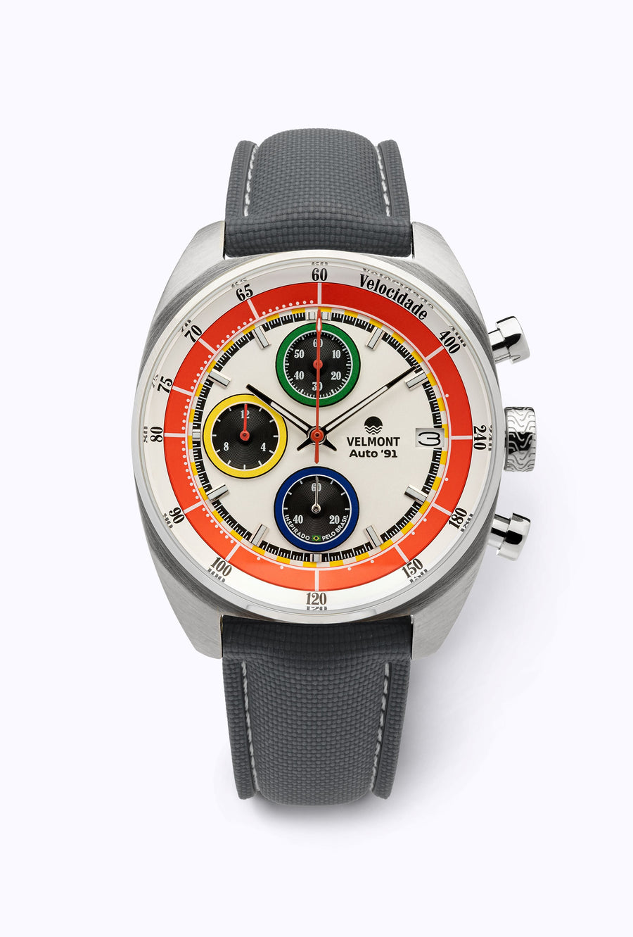 White chronograph on a gray strap