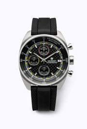 Carbon-pattern chronograph on a black rubber strap