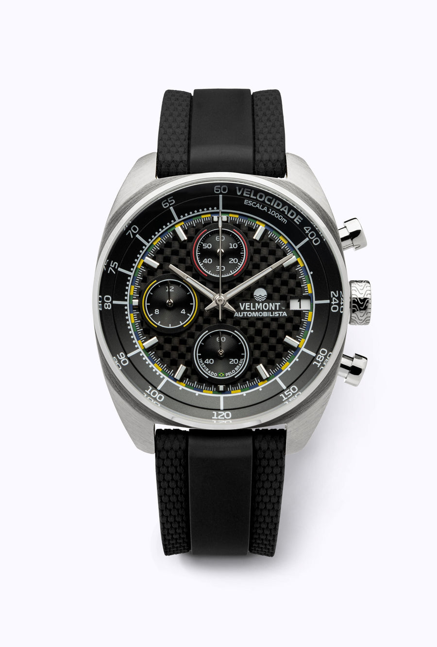 Carbon-pattern chronograph on a black rubber strap