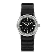 Black-dial military watch on a black nylon strap