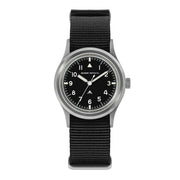 Black-dial field watch on black nylon