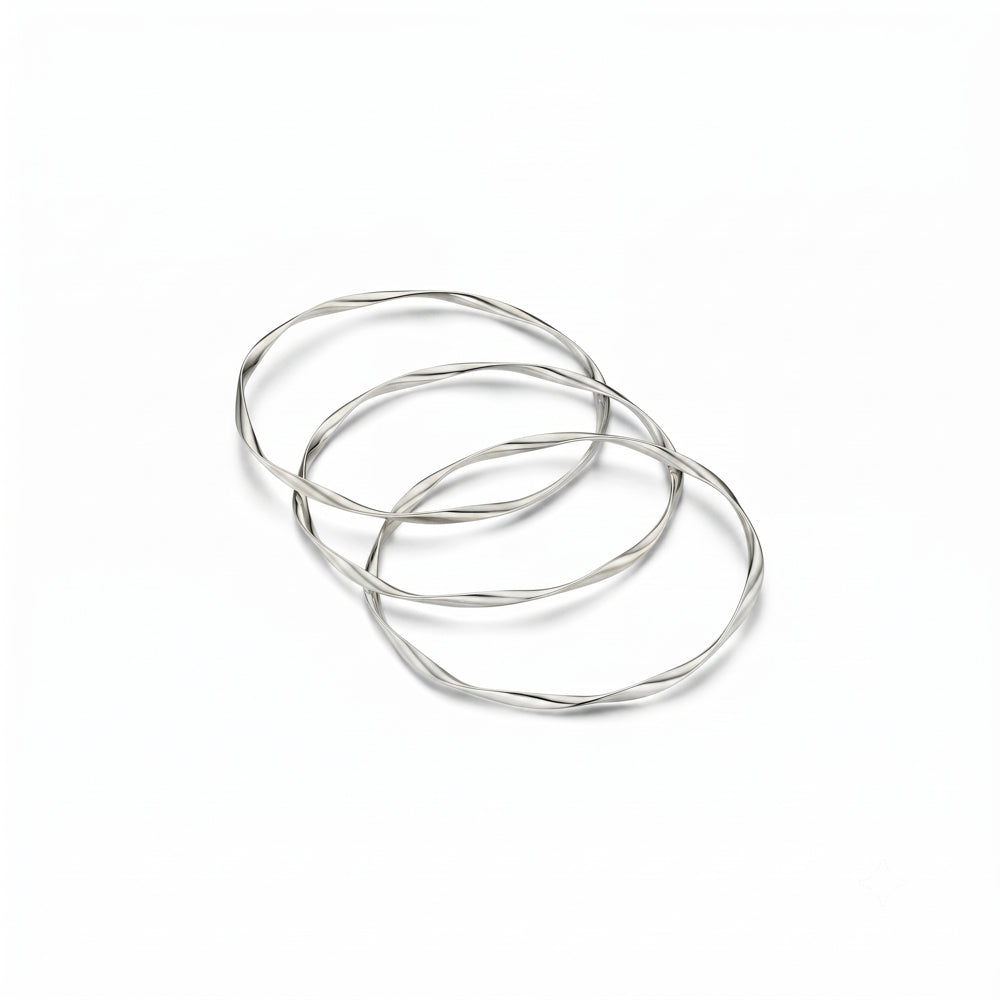 Three twisted silver-tone bangles interlinked