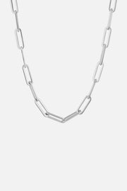 Silver-tone paperclip chain necklace, front view on a light background