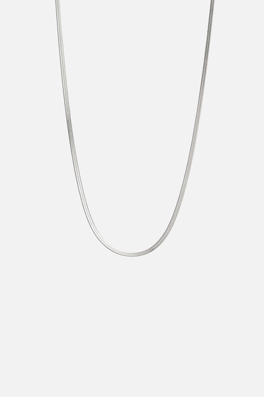 Silver-tone 2 mm herringbone chain necklace, front view on a light background