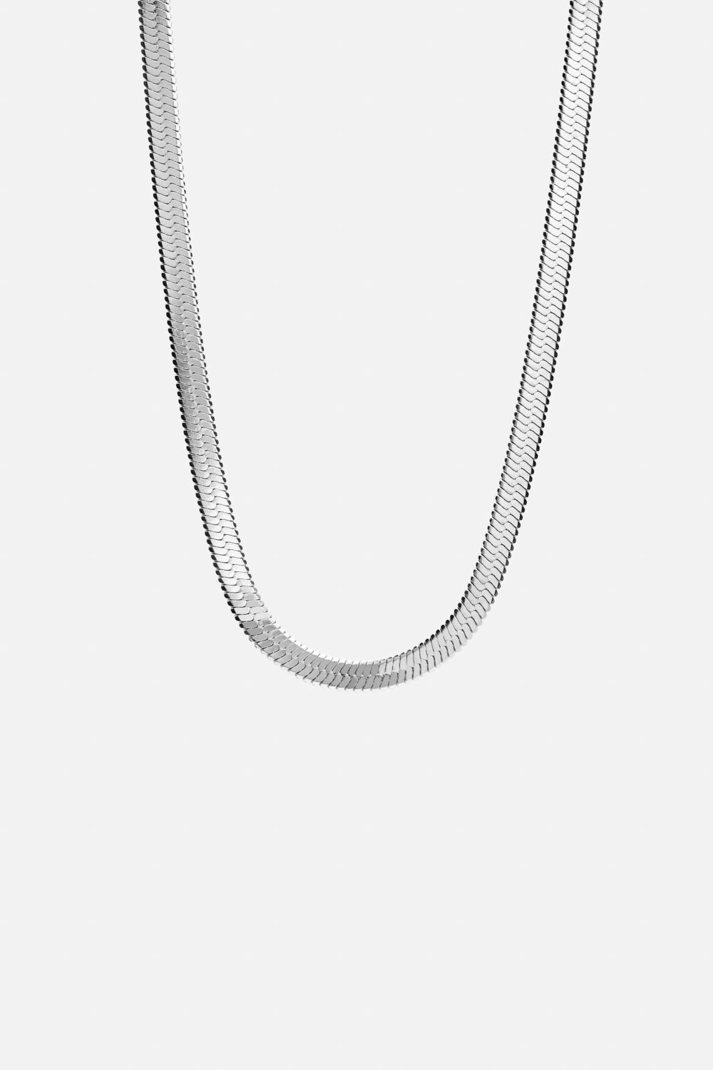 Silver-tone 5 mm herringbone chain necklace, front view on a light background