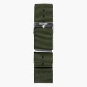 Dark green woven strap with a silver-tone buckle and keeper, laid out flat.