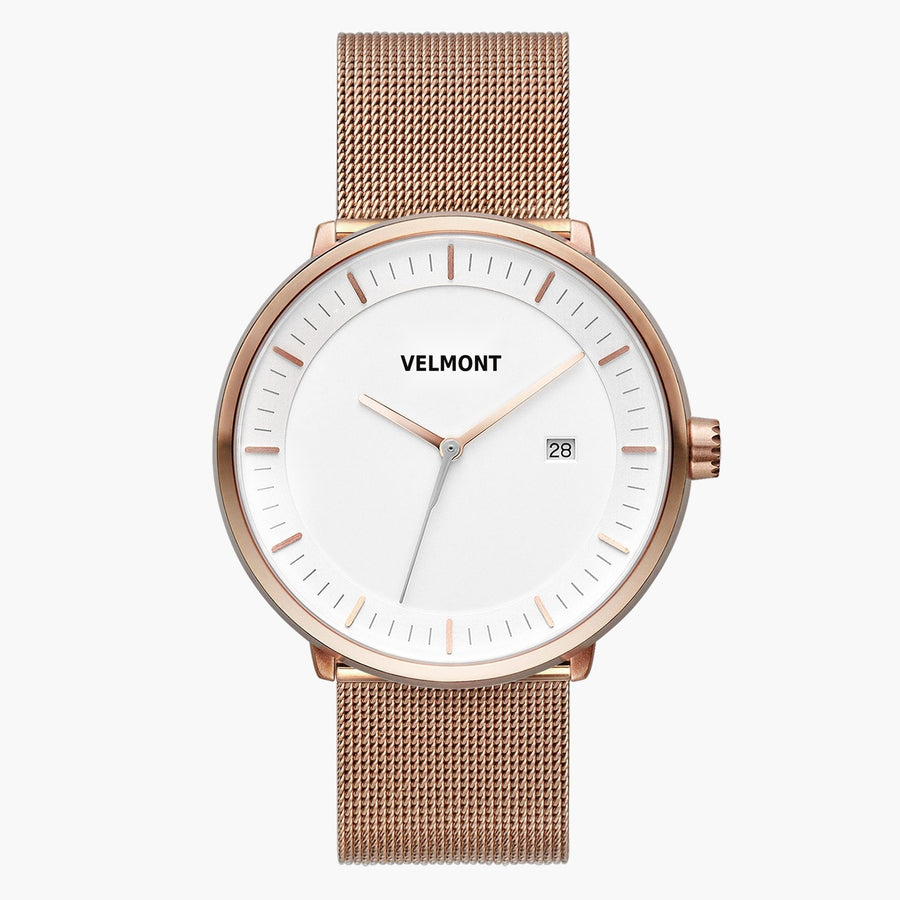 Straight-on look at the white dial and rose gold-tone case with its rose gold-tone mesh strap.