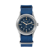 Blue-dial military watch on a blue nylon strap