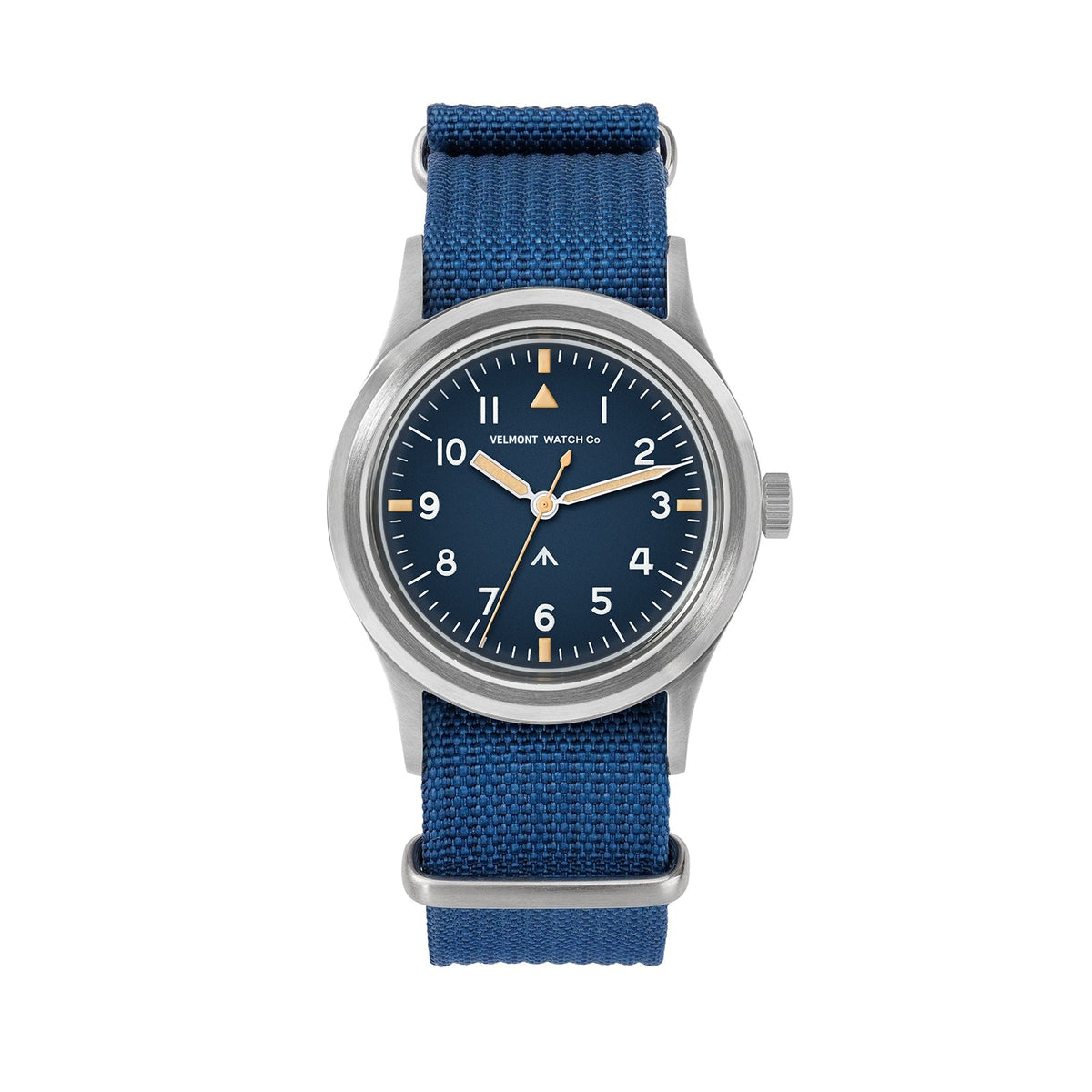 Blue-dial military watch on a blue nylon strap
