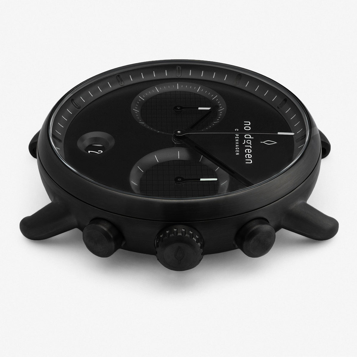 Side profile of the black case with crown flanked by two pushers.