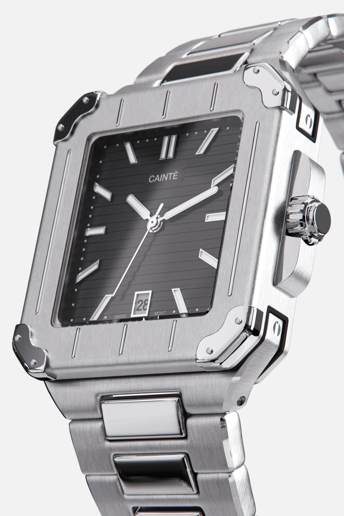 Angled view of the square case with screw details at the corners and black dial
