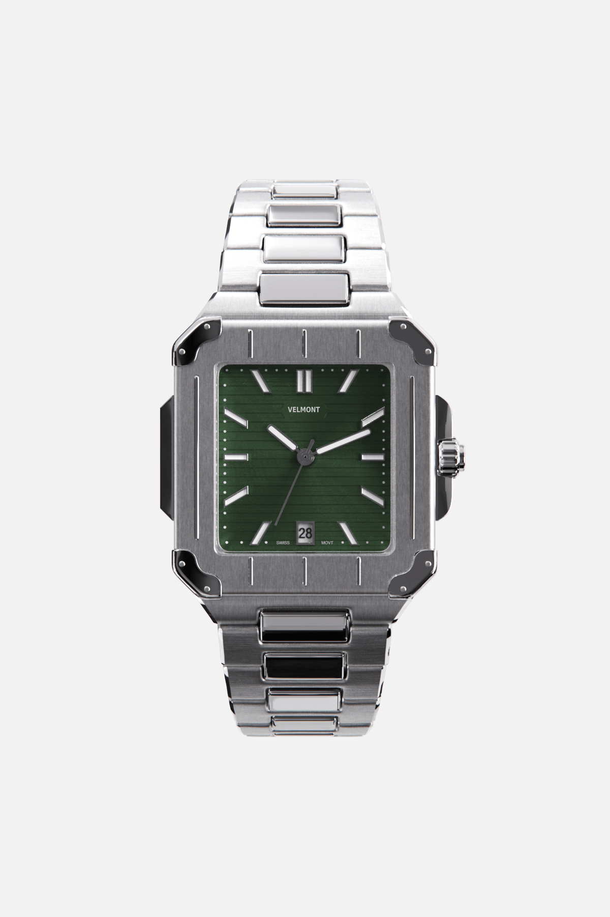 Front view of the square watch with green dial on its integrated bracelet