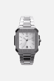 Front view of the square watch with white dial on its integrated bracelet