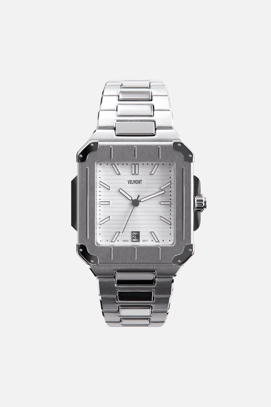 Front view of the square watch with white dial on its integrated bracelet