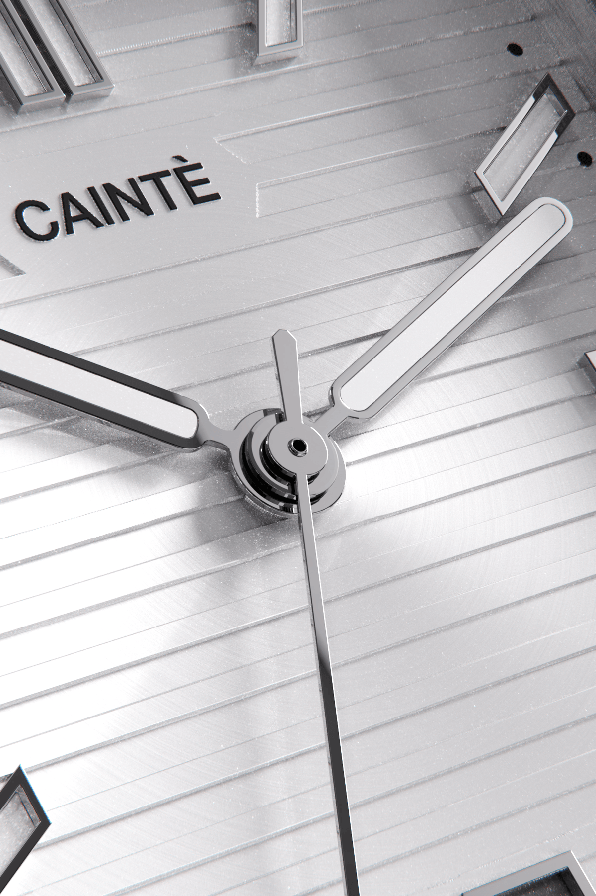 Close-up of the white horizontally ridged dial and hands