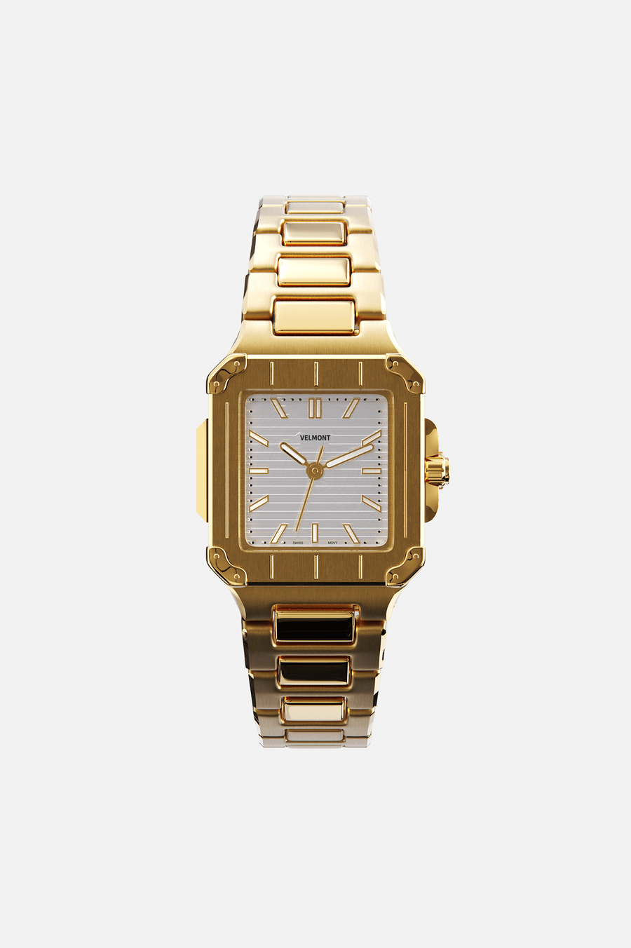 Front view of the small gold-tone square watch with white dial