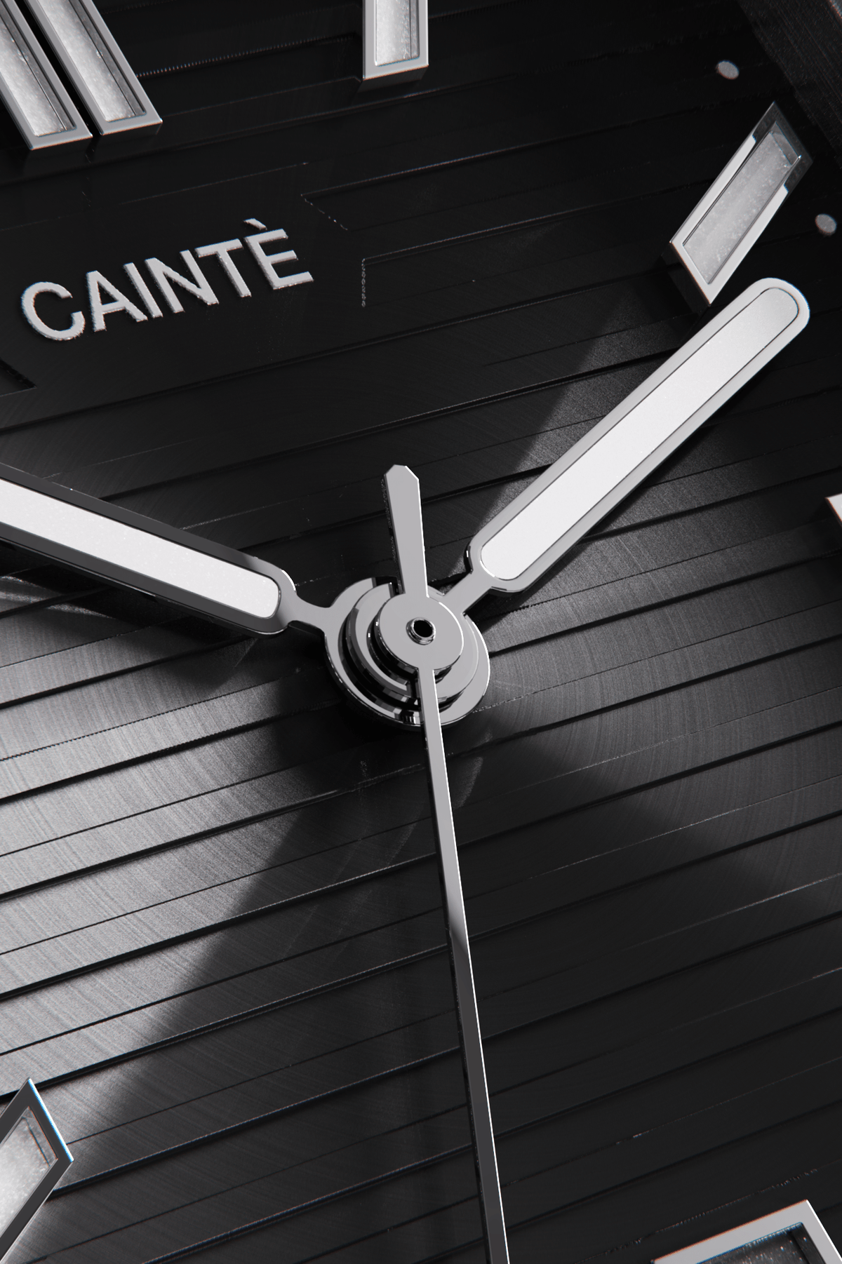 Close-up of the black horizontally ridged dial and hands
