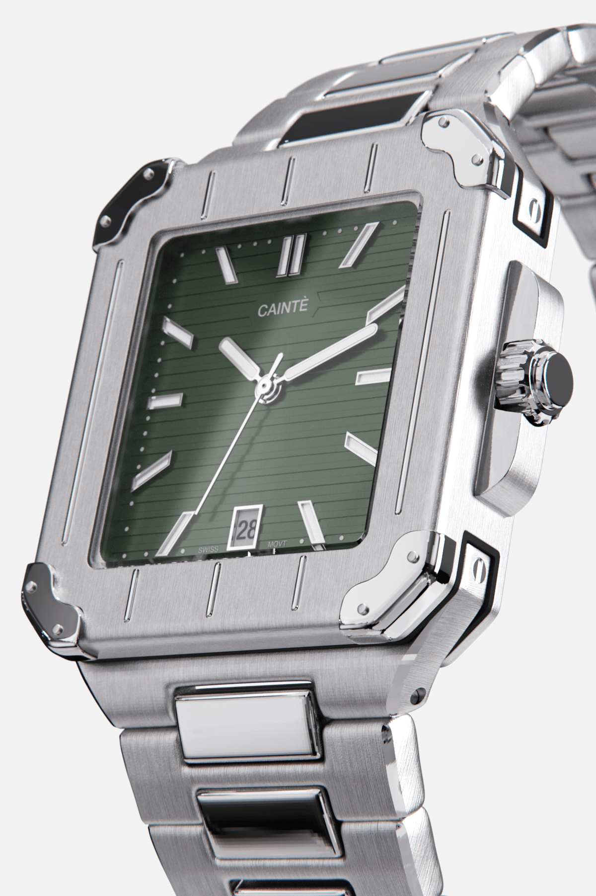 Angled view of the square case with screw details at the corners and green dial