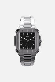 Front view of the square watch with black dial on its integrated bracelet