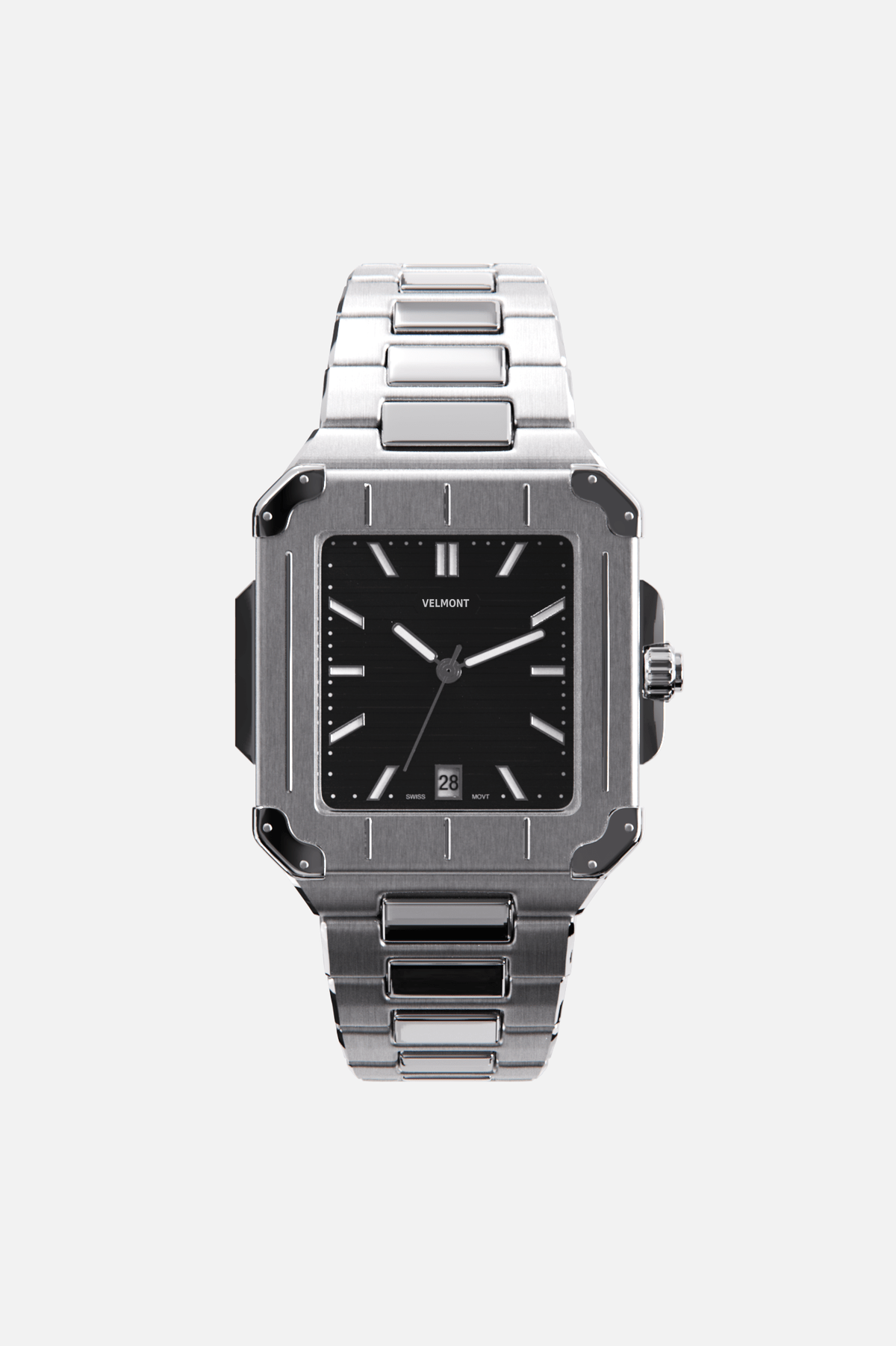 Front view of the square watch with black dial on its integrated bracelet