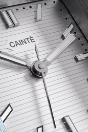 Close-up of the silver horizontally ridged dial and hands