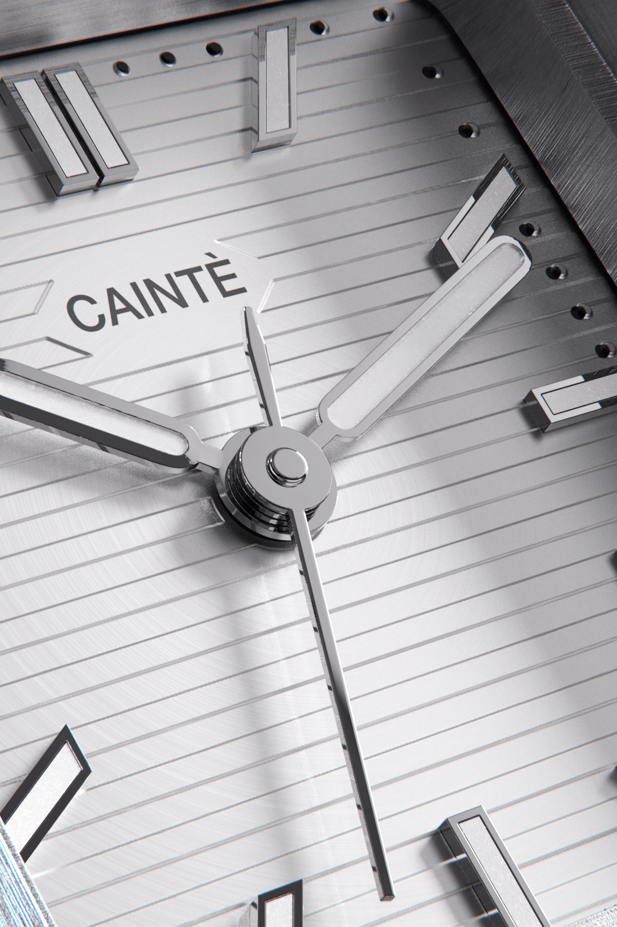 Close-up of the silver horizontally ridged dial and hands