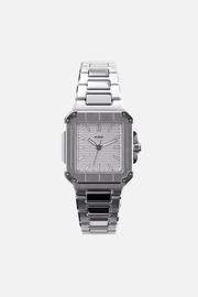 Front view of the square watch with silver dial on its integrated bracelet