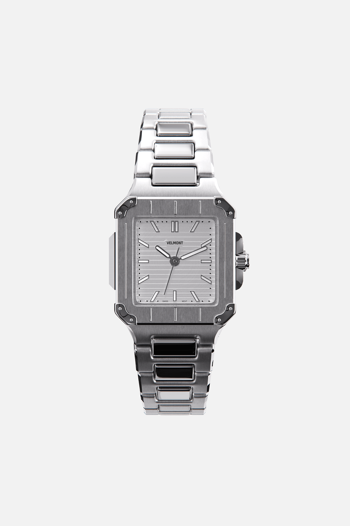 Front view of the square watch with silver dial on its integrated bracelet