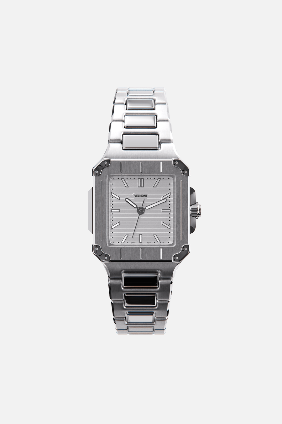 Front view of the square watch with silver dial on its integrated bracelet