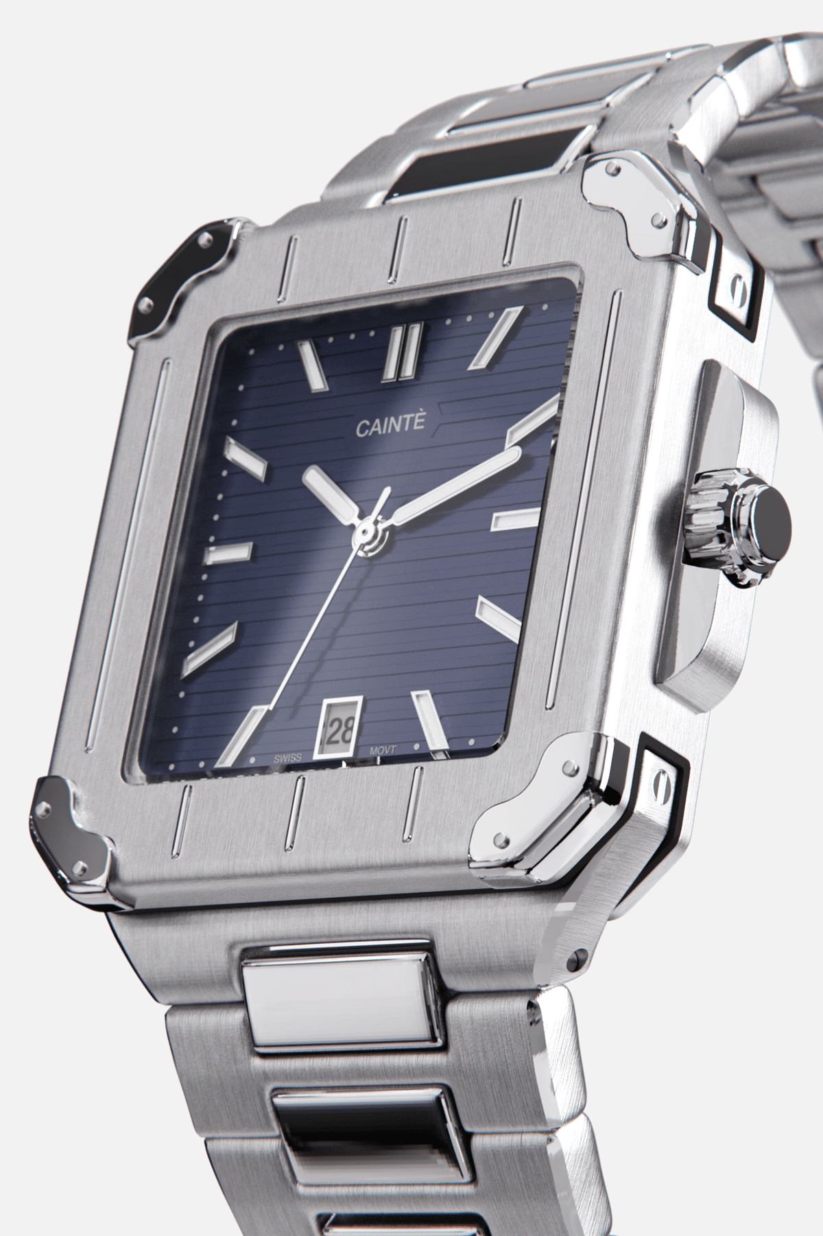 Angled view of the square case with screw details at the corners and navy blue dial