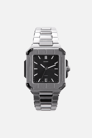 Front view of the square watch with black dial on its integrated bracelet