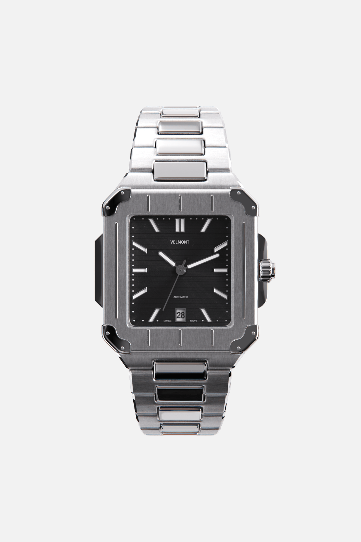 Front view of the square watch with black dial on its integrated bracelet
