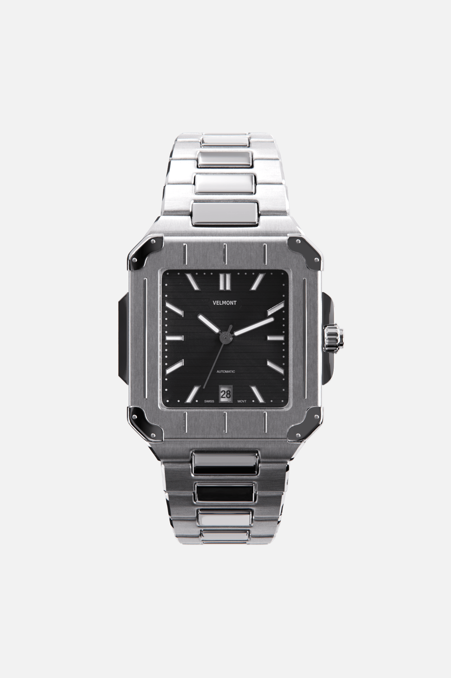 Front view of the square watch with black dial on its integrated bracelet