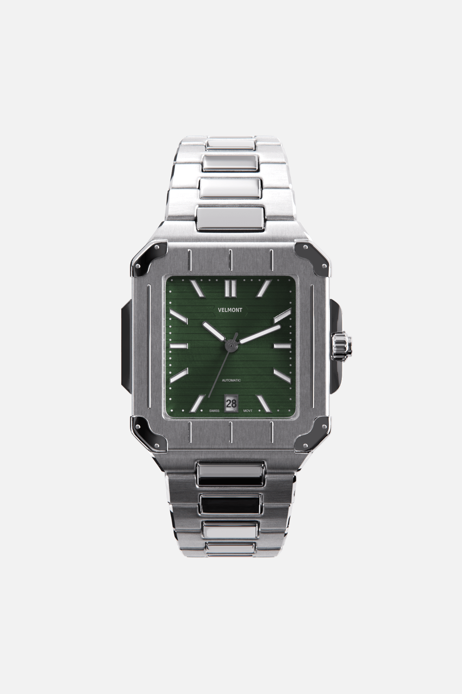 Front view of the square watch with green dial on its integrated bracelet
