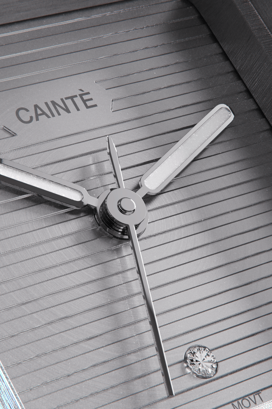 Close-up of the gray ridged dial with its single clear stone