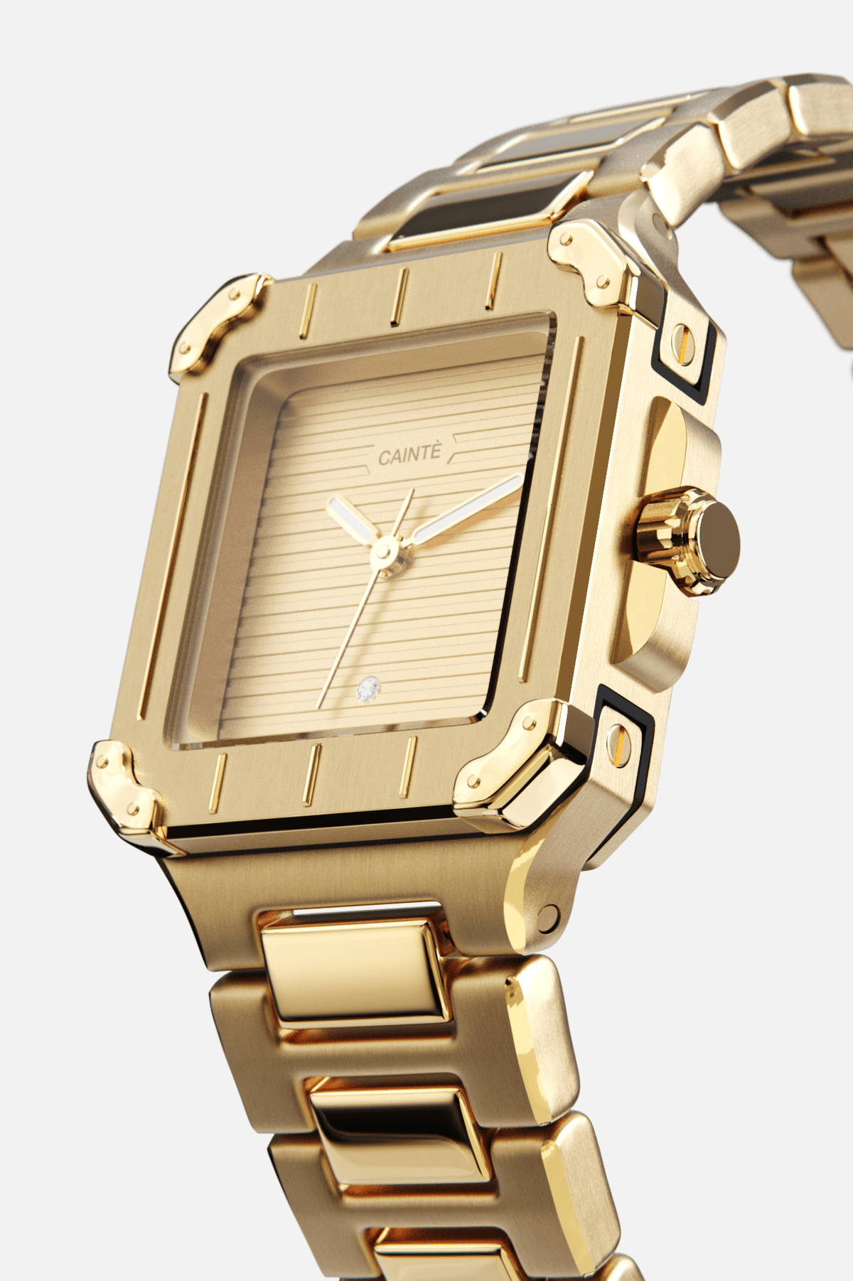 Angled view of the square case with screw details at the corners and gold-tone dial
