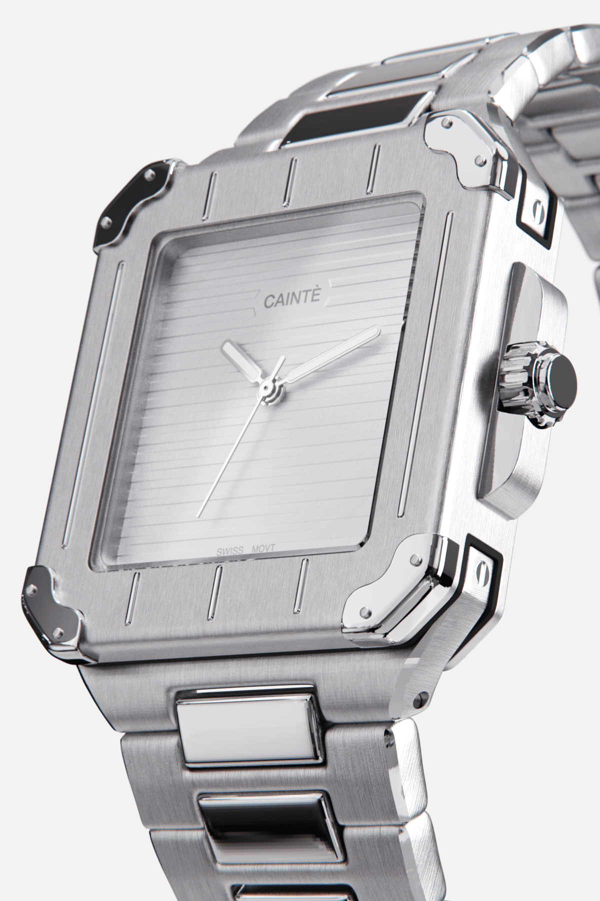 Angled view of the square case with screw details at the corners and silver dial