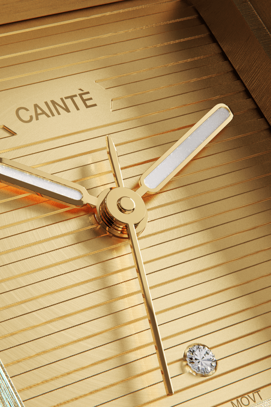 Close-up of the gold-tone ridged dial with its single clear stone